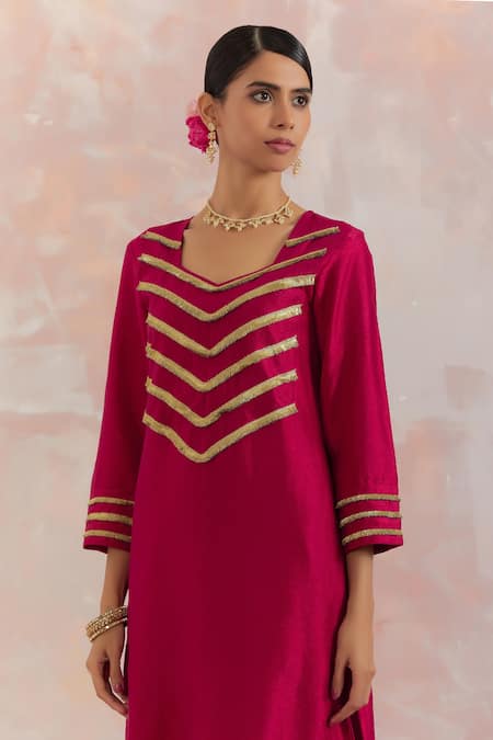The Indian Cause_Red Raw Silk Gota Work Square V Neck Rooh Kurta_at_Aza_Fashions