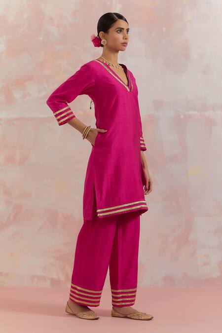 The Indian Cause_Fuchsia Raw Silk Gota Work V Neck Kali Embellished Kurta_Online_at_Aza_Fashions