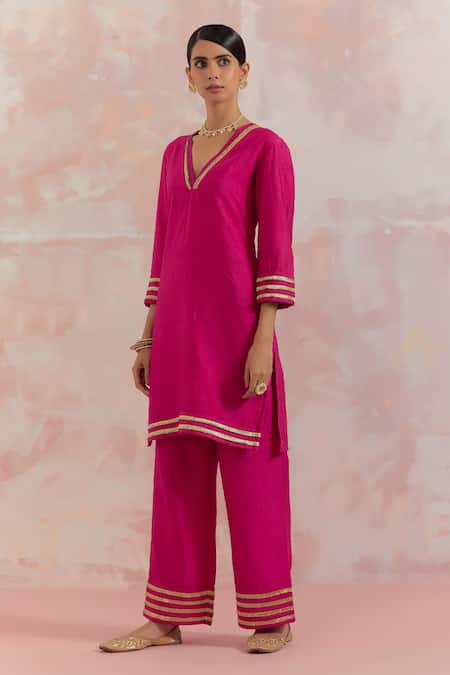 Buy_The Indian Cause_Fuchsia Raw Silk Gota Work V Neck Kali Embellished Kurta_Online_at_Aza_Fashions