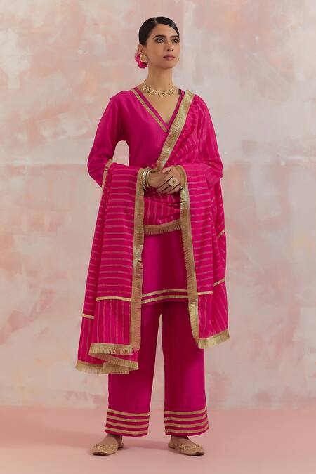 Shop_The Indian Cause_Fuchsia Raw Silk Gota Work V Neck Kali Embellished Kurta_Online_at_Aza_Fashions