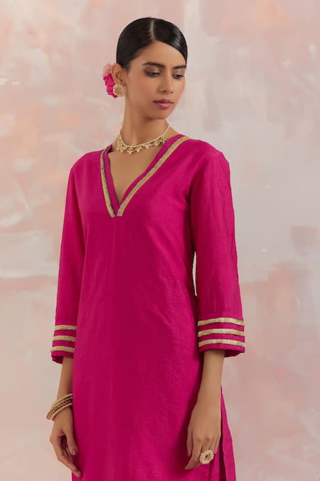 The Indian Cause_Fuchsia Raw Silk Gota Work V Neck Kali Embellished Kurta_at_Aza_Fashions