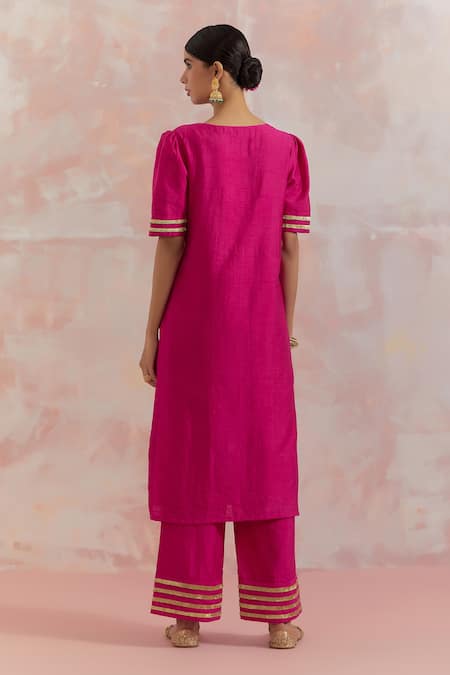 Shop_THE INDIAN CAUSE_Fuchsia Raw Silk Gota Work Round Rukbat Embellished Kurta _at_Aza_Fashions