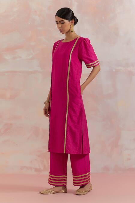 THE INDIAN CAUSE_Fuchsia Raw Silk Gota Work Round Rukbat Embellished Kurta _Online_at_Aza_Fashions