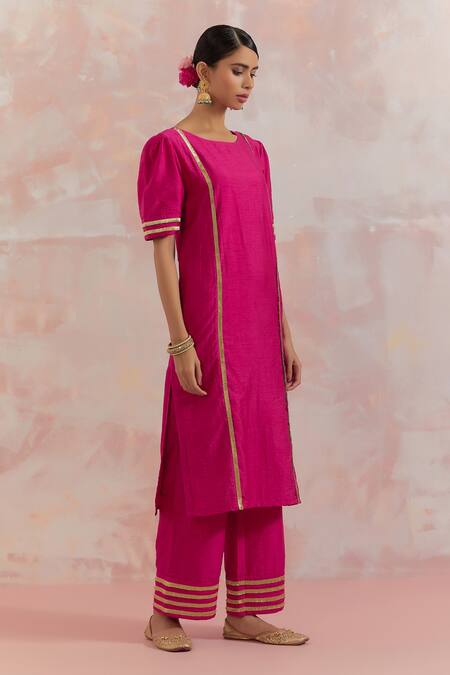 Buy_THE INDIAN CAUSE_Fuchsia Raw Silk Gota Work Round Rukbat Embellished Kurta _Online_at_Aza_Fashions