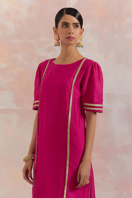 THE INDIAN CAUSE_Fuchsia Raw Silk Gota Work Round Rukbat Embellished Kurta _at_Aza_Fashions