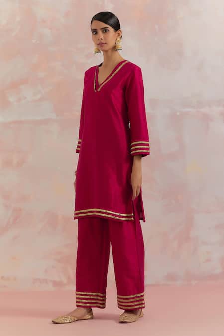 The Indian Cause_Red Raw Silk Gota Work V Neck Kali Kurta _Online_at_Aza_Fashions