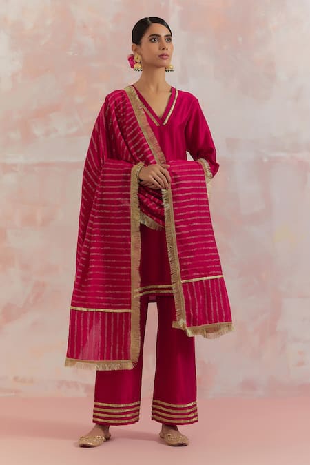 Shop_The Indian Cause_Red Raw Silk Gota Work V Neck Kali Kurta _Online_at_Aza_Fashions