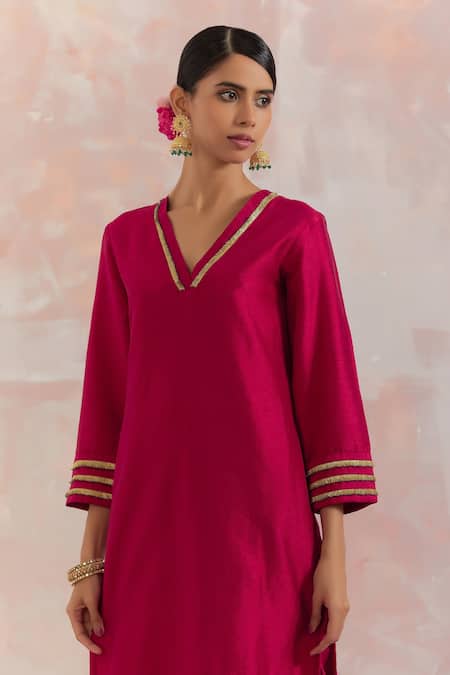 The Indian Cause_Red Raw Silk Gota Work V Neck Kali Kurta _at_Aza_Fashions