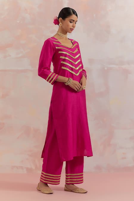 The Indian Cause_Fuchsia Raw Silk Gota Work Square V Neck Rooh Embellished Kurta_Online_at_Aza_Fashions