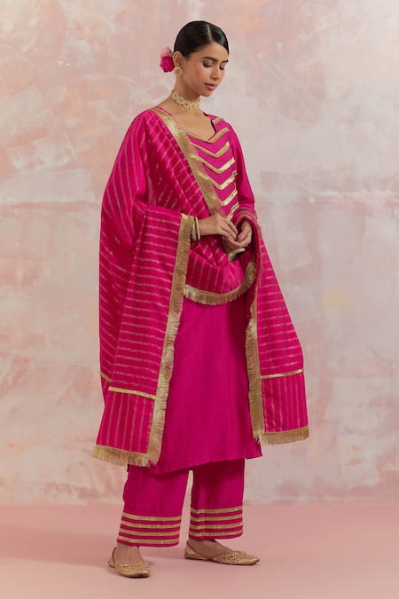 Shop_The Indian Cause_Fuchsia Raw Silk Gota Work Square V Neck Rooh Embellished Kurta_Online_at_Aza_Fashions