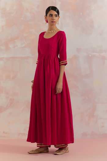 The Indian Cause_Red Silk U Neck Afreen Gathered Anarkali_Online_at_Aza_Fashions