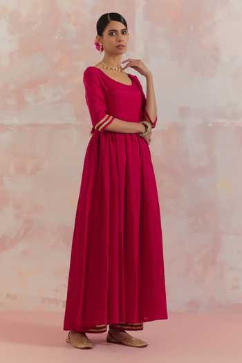 Buy_The Indian Cause_Red Silk U Neck Afreen Gathered Anarkali_Online_at_Aza_Fashions