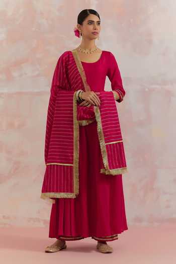 Shop_The Indian Cause_Red Silk U Neck Afreen Gathered Anarkali_Online_at_Aza_Fashions