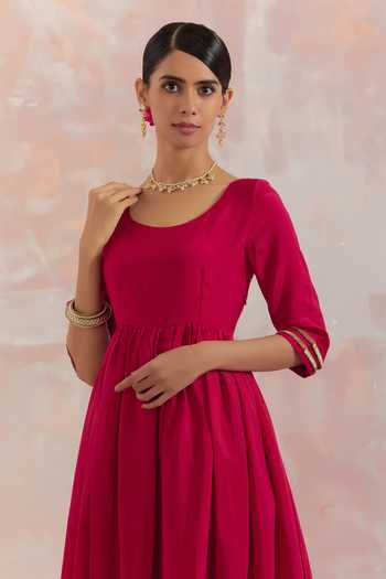 The Indian Cause_Red Silk U Neck Afreen Gathered Anarkali_at_Aza_Fashions