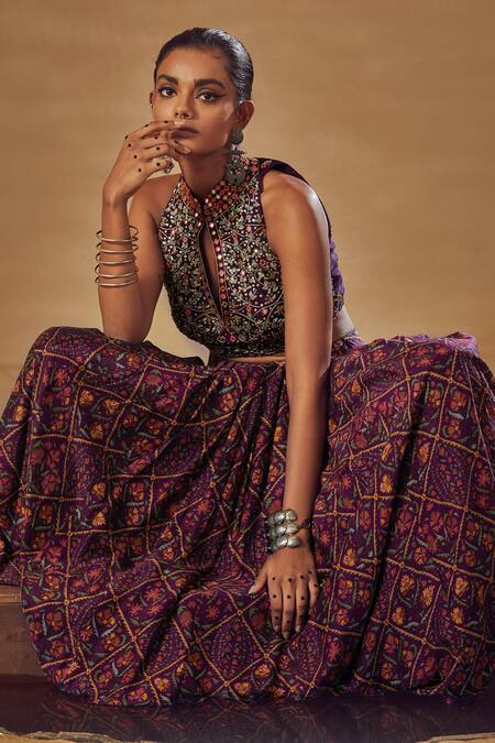 Drishti & Zahabia_Purple Dupion Silk And Net Anchor Threads, Dori Work, Floral Print, Lehenga Set _Online_at_Aza_Fashions