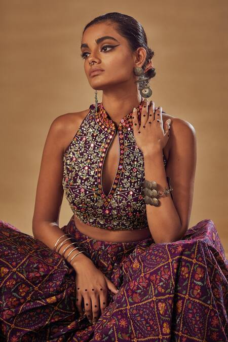 Buy_Drishti & Zahabia_Purple Dupion Silk And Net Anchor Threads, Dori Work, Floral Print, Lehenga Set _Online_at_Aza_Fashions