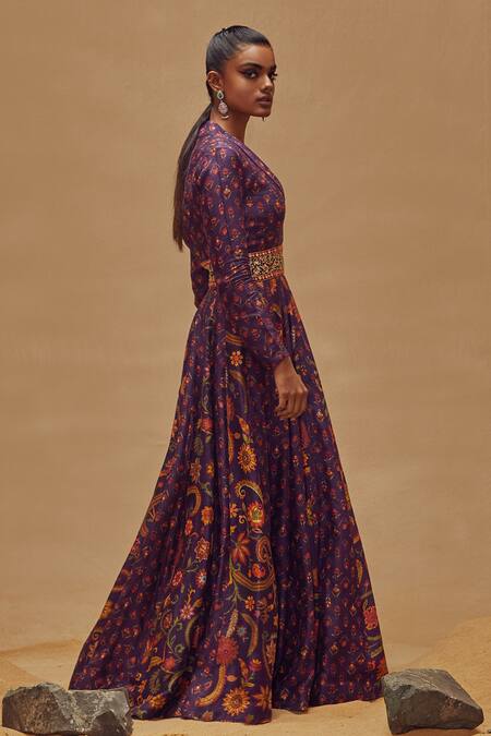Drishti & Zahabia_Purple Dupion Silk Anchor Threads, Dori Work, Floral Print, Mirrors, Anarkali_Online_at_Aza_Fashions