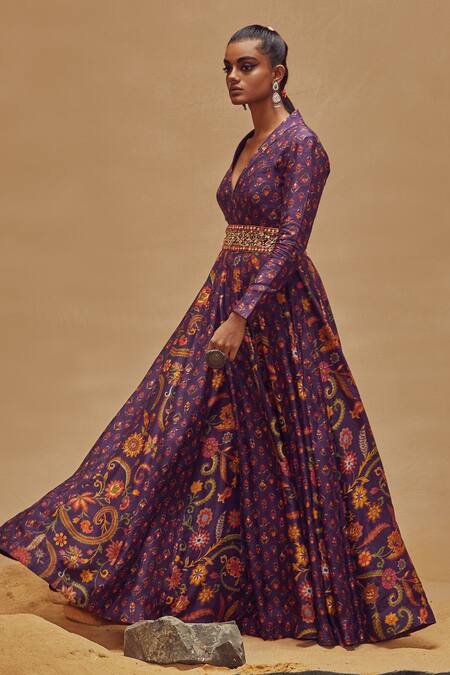 Buy_Drishti & Zahabia_Purple Dupion Silk Anchor Threads, Dori Work, Floral Print, Mirrors, Anarkali_Online_at_Aza_Fashions