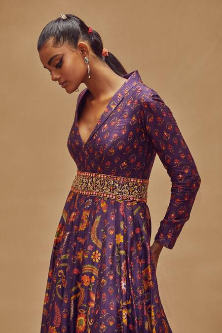Shop_Drishti & Zahabia_Purple Dupion Silk Anchor Threads, Dori Work, Floral Print, Mirrors, Anarkali_Online_at_Aza_Fashions