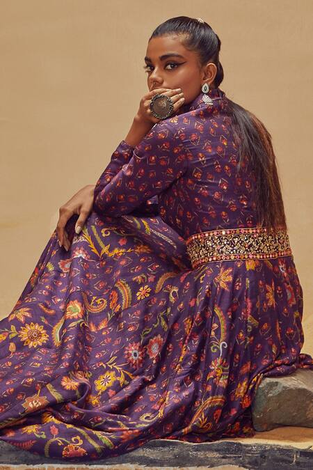 Drishti & Zahabia_Purple Dupion Silk Anchor Threads, Dori Work, Floral Print, Mirrors, Anarkali_at_Aza_Fashions