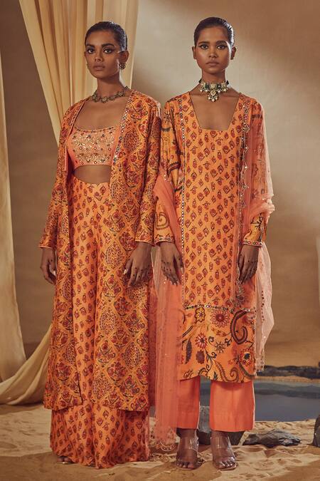 Drishti & Zahabia_Peach Dupion Silk And Net Anchor Threads, Dori Work, Floral Print, Kurta Pant Set_Online_at_Aza_Fashions