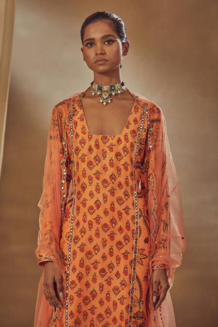Buy_Drishti & Zahabia_Peach Dupion Silk And Net Anchor Threads, Dori Work, Floral Print, Kurta Pant Set_Online_at_Aza_Fashions