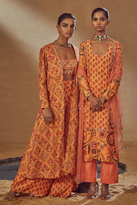 Drishti & Zahabia_Peach Dupion Silk Anchor Threads, Dori Work, Floral Print, Jacket Palazzo Set_Online_at_Aza_Fashions