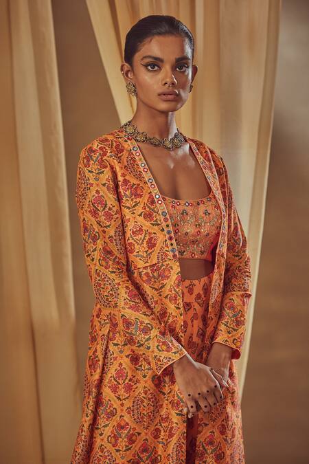 Shop_Drishti & Zahabia_Peach Dupion Silk Anchor Threads, Dori Work, Floral Print, Jacket Palazzo Set_Online_at_Aza_Fashions