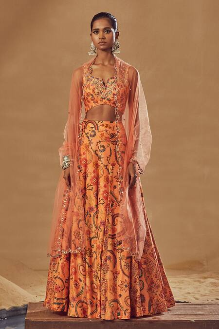 Drishti & Zahabia Peach Dupion Silk And Net Anchor Threads, Dori Work, Floral Print, Lehenga Set Online at Aza Fashions Drishti & Zahabia_Peach Dupion Silk And Net Anchor Threads, Dori Work, Floral Print, Lehenga Set_Online_at_Aza_Fashions