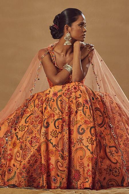 Buy Drishti & Zahabia Peach Dupion Silk And Net Anchor Threads, Dori Work, Floral Print, Lehenga Set Online at Aza Fashions Buy_Drishti & Zahabia_Peach Dupion Silk And Net Anchor Threads, Dori Work, Floral Print, Lehenga Set_Online_at_Aza_Fashions