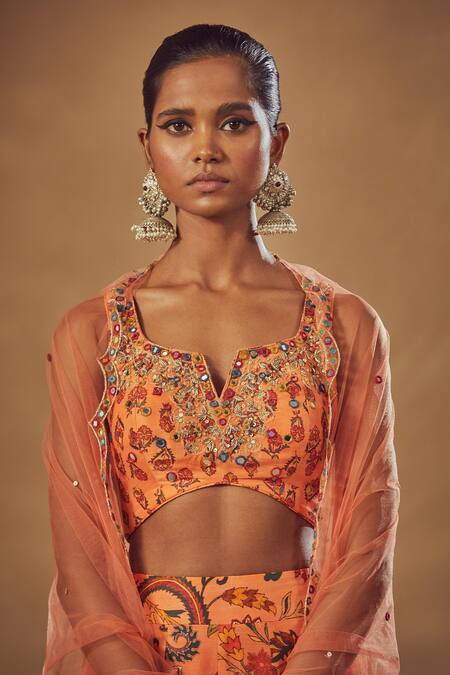 Shop Drishti & Zahabia Peach Dupion Silk And Net Anchor Threads, Dori Work, Floral Print, Lehenga Set Online at Aza Fashions Shop_Drishti & Zahabia_Peach Dupion Silk And Net Anchor Threads, Dori Work, Floral Print, Lehenga Set_Online_at_Aza_Fashions