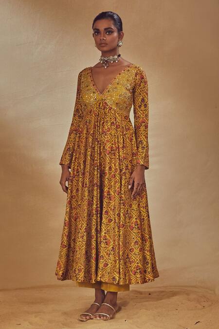 Drishti & Zahabia_Yellow Dupion Silk And Net Anchor Threads, Dori Work, Floral Print, Anarkali Set _Online_at_Aza_Fashions