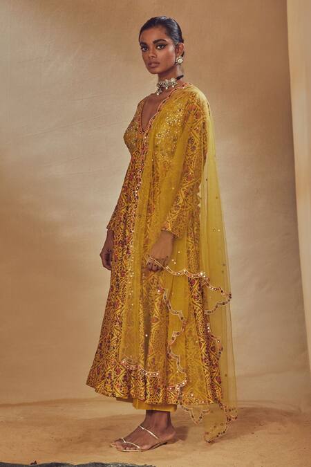 Buy_Drishti & Zahabia_Yellow Dupion Silk And Net Anchor Threads, Dori Work, Floral Print, Anarkali Set _Online_at_Aza_Fashions