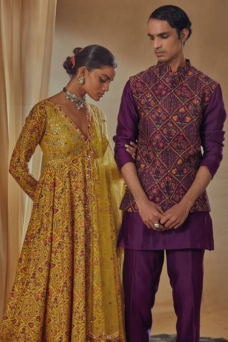 Shop_Drishti & Zahabia_Yellow Dupion Silk And Net Anchor Threads, Dori Work, Floral Print, Anarkali Set _Online_at_Aza_Fashions