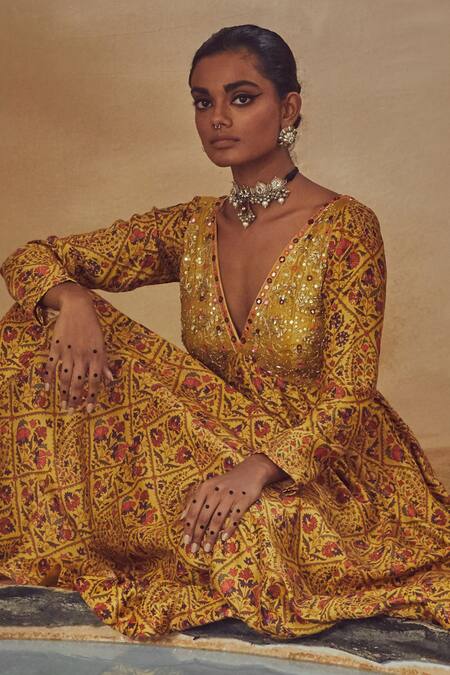 Drishti & Zahabia_Yellow Dupion Silk And Net Anchor Threads, Dori Work, Floral Print, Anarkali Set _at_Aza_Fashions