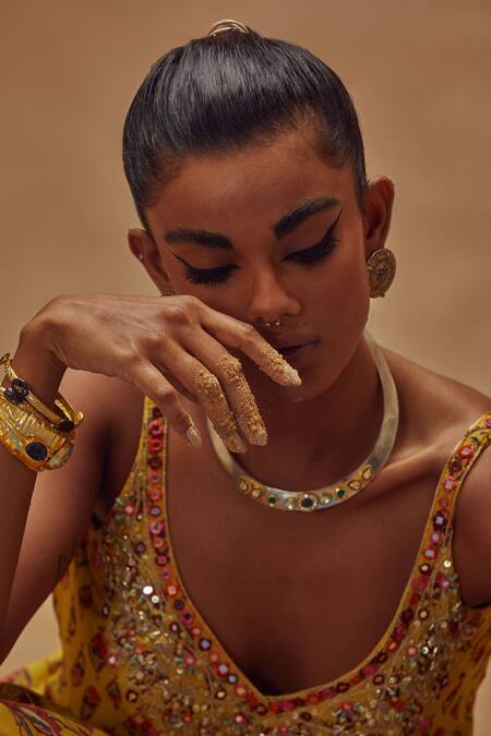 Shop_Drishti & Zahabia_Yellow Dupion Silk Anchor Threads, Dori Work, Floral Print, Kurta And Lehenga Set _Online_at_Aza_Fashions