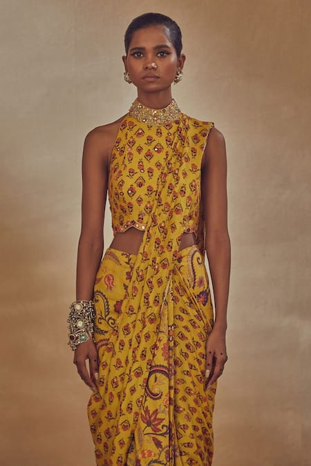 Buy_Drishti & Zahabia_Yellow Dupion Silk Anchor Threads, Dori Work, Pre-draped Saree With Blouse _Online_at_Aza_Fashions