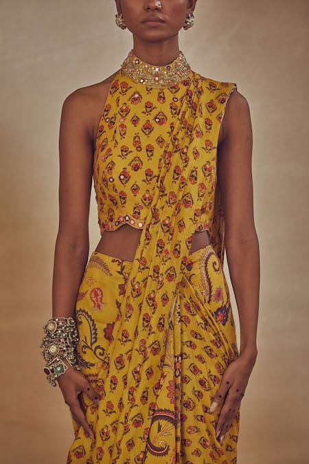 Drishti & Zahabia_Yellow Dupion Silk Anchor Threads, Dori Work, Pre-draped Saree With Blouse _at_Aza_Fashions