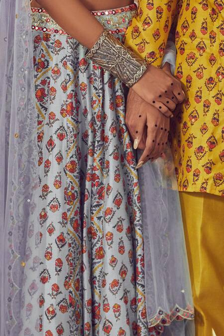 Drishti & Zahabia_Blue Dupion Silk And Net Anchor Threads, Dori Work, Floral Print, Lehenga Set_at_Aza_Fashions