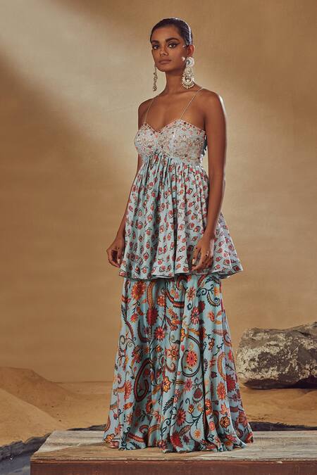 Shop_Drishti & Zahabia_Blue Dupion Silk Anchor Threads, Dori Work, Floral Print, Kurta And Sharara Set_Online_at_Aza_Fashions