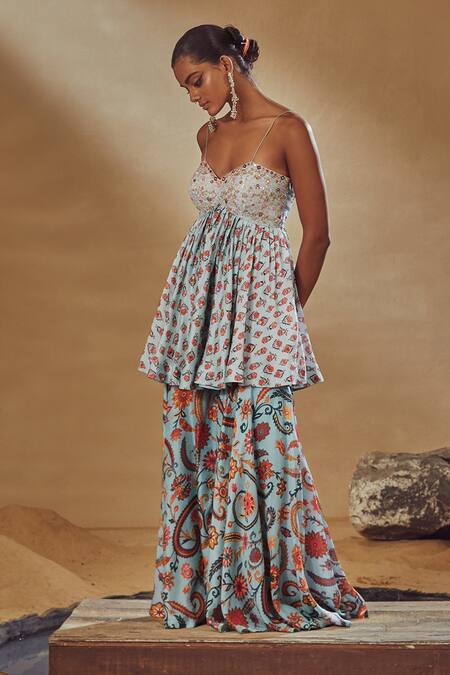 Drishti & Zahabia_Blue Dupion Silk Anchor Threads, Dori Work, Floral Print, Kurta And Sharara Set_Online_at_Aza_Fashions