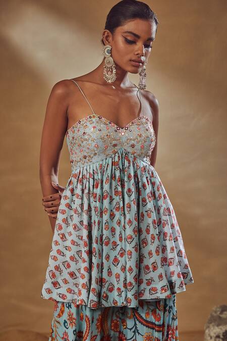 Drishti & Zahabia_Blue Dupion Silk Anchor Threads, Dori Work, Floral Print, Kurta And Sharara Set_at_Aza_Fashions