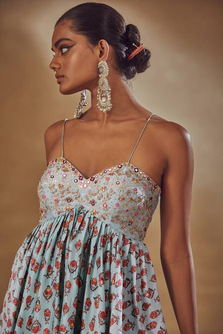 Buy_Drishti & Zahabia_Blue Dupion Silk Anchor Threads, Dori Work, Floral Print, Kurta And Sharara Set