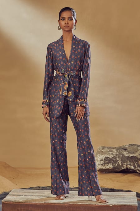 Buy_Drishti & Zahabia_Blue Dupion Silk Anchor Threads, Dori Work, Floral Print, Mirrors, Pant Suit _Online_at_Aza_Fashions