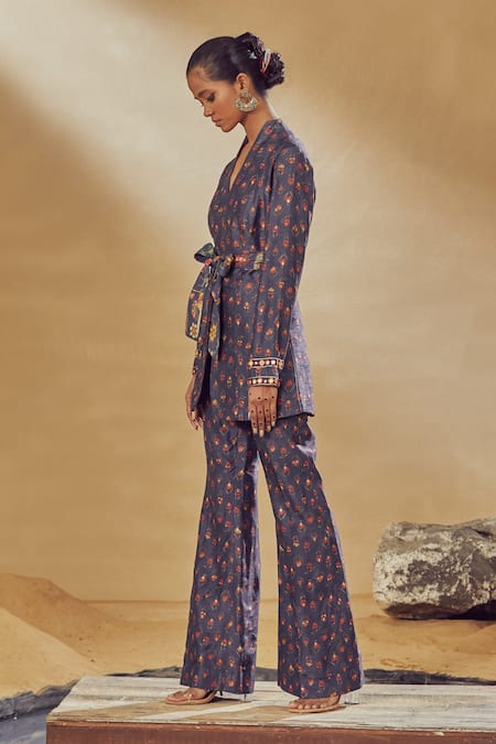 Drishti & Zahabia_Blue Dupion Silk Anchor Threads, Dori Work, Floral Print, Mirrors, Pant Suit _Online_at_Aza_Fashions