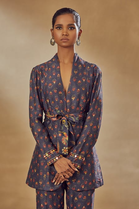 Shop_Drishti & Zahabia_Blue Dupion Silk Anchor Threads, Dori Work, Floral Print, Mirrors, Pant Suit 