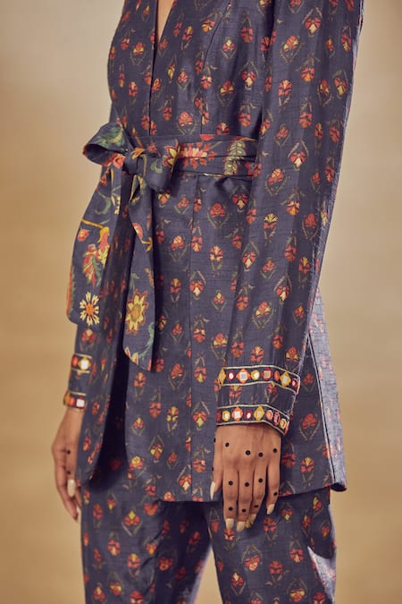 Drishti & Zahabia_Blue Dupion Silk Anchor Threads, Dori Work, Floral Print, Mirrors, Pant Suit _at_Aza_Fashions