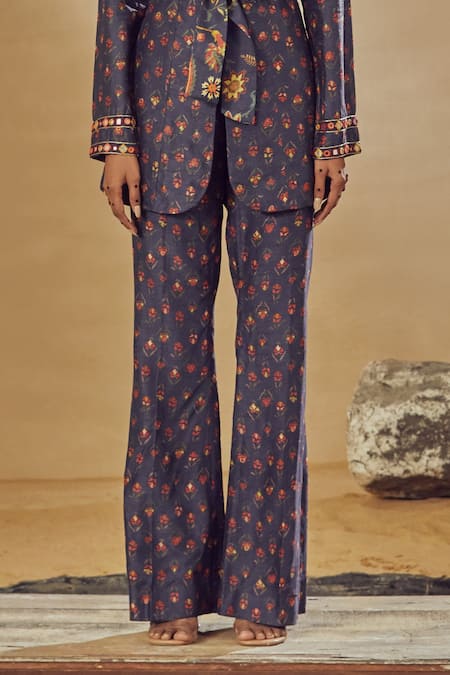 Buy_Drishti & Zahabia_Blue Dupion Silk Anchor Threads, Dori Work, Floral Print, Mirrors, Pant Suit 