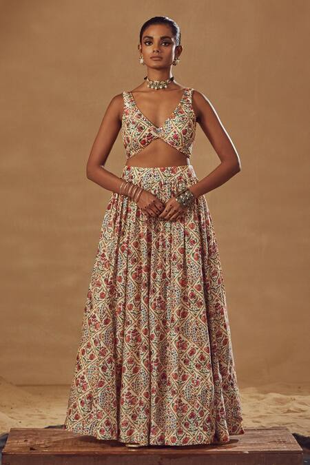 Shop Drishti & Zahabia Ivory Dupion Silk Anchor Threads, Dori Work, Floral Print, Jacket Lehenga Set at Aza Fashions Shop_Drishti & Zahabia_Ivory Dupion Silk Anchor Threads, Dori Work, Floral Print, Jacket Lehenga Set_at_Aza_Fashions