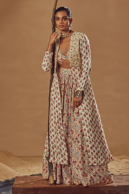 Drishti & Zahabia Ivory Dupion Silk Anchor Threads, Dori Work, Floral Print, Jacket Lehenga Set Online at Aza Fashions Drishti & Zahabia_Ivory Dupion Silk Anchor Threads, Dori Work, Floral Print, Jacket Lehenga Set_Online_at_Aza_Fashions